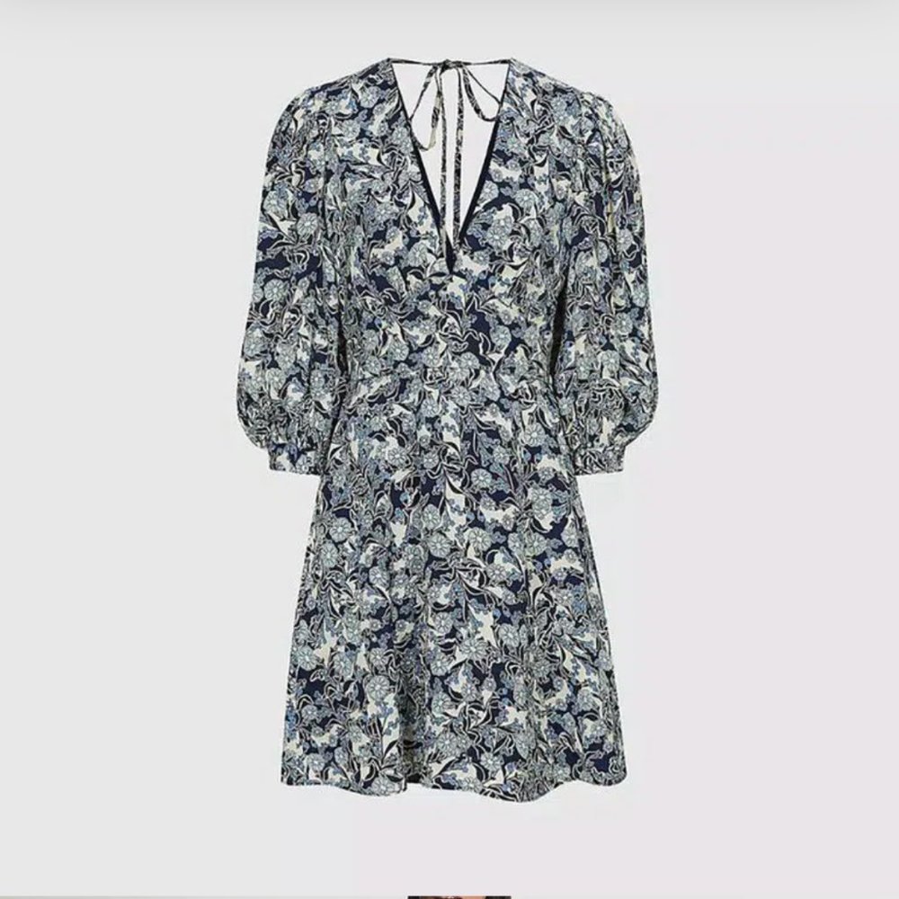 Reiss Puff Sleeve Print Mini Dress in Blue Daisy Size 10